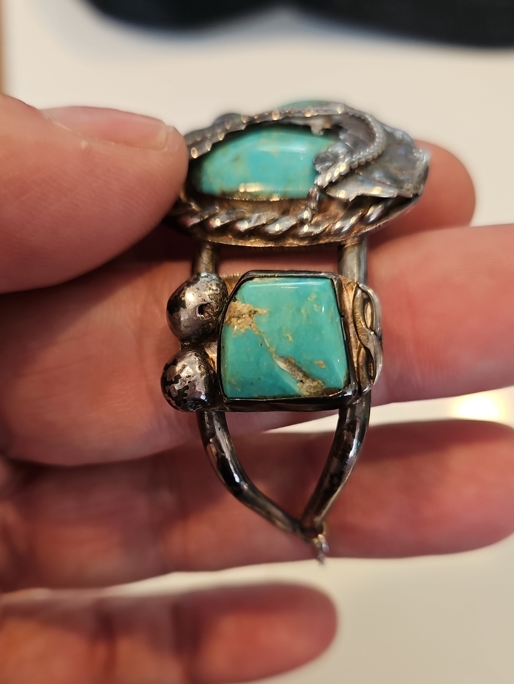 Old Pawn Navajo Turquoise Sterling Silver Leaf Cuff Bracelet Fred Harvey Era - Picture 8 of 8